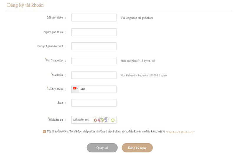 Điền form đăng ký tài khoản theo yêu cầu của nhà cái